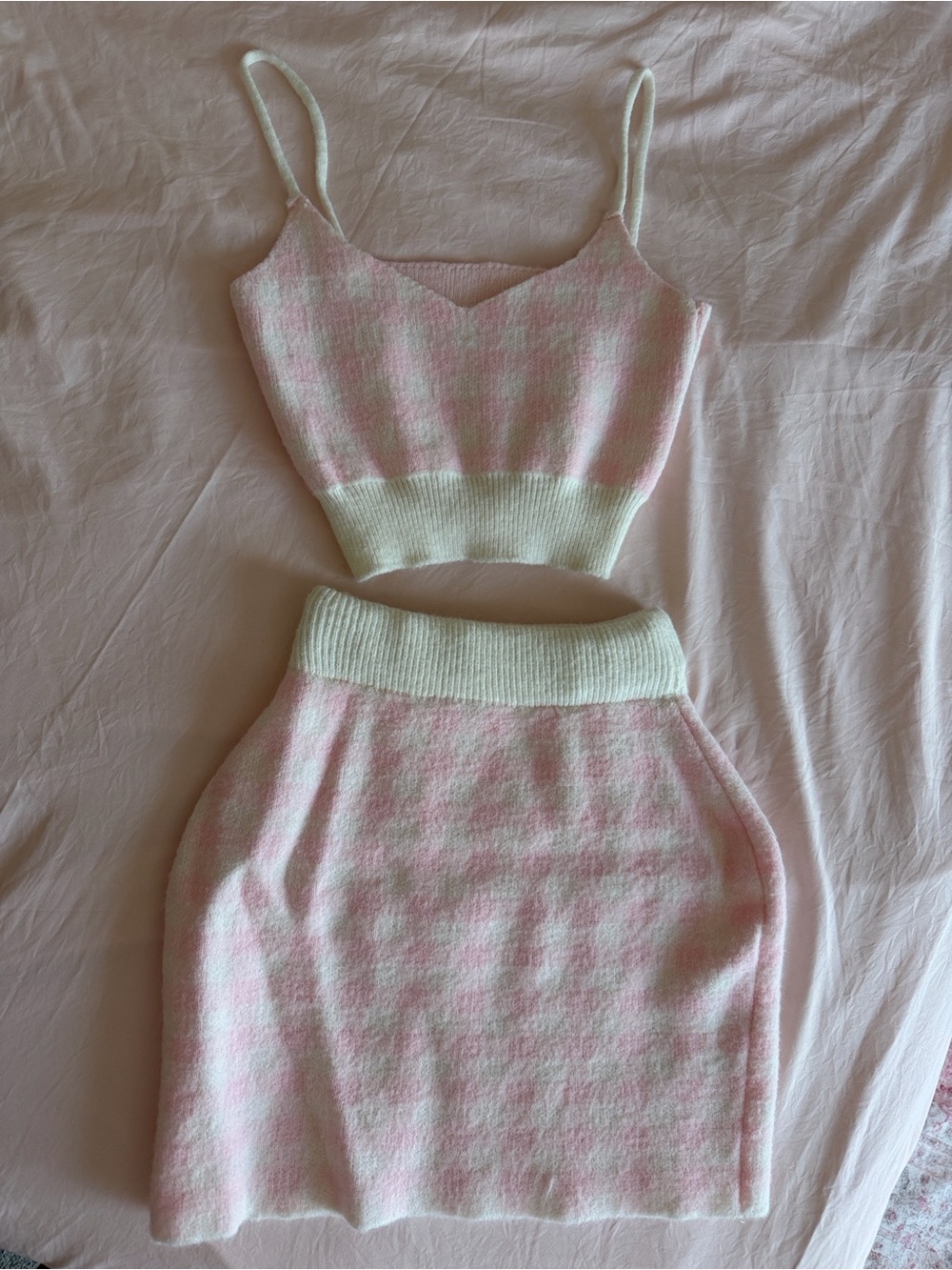 YesStyle Pink and Cream Knit Two-Piece Skirt Set — Women - Picture 4 of 7